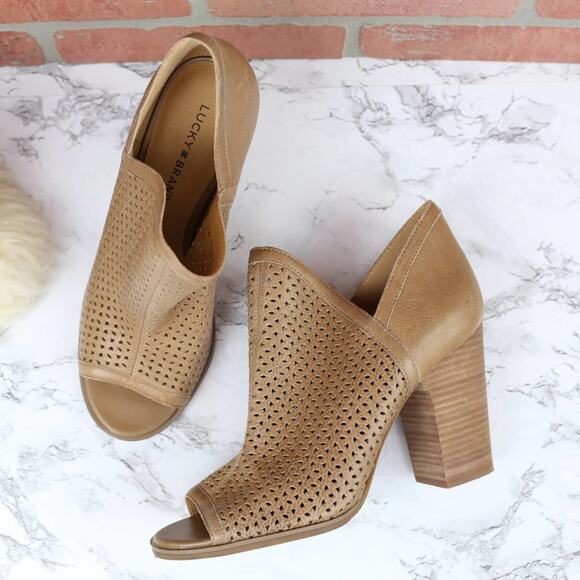 Lucky Brand Lively Perforated Open Toe Tan Leather Ankle Booties Size 10 Women's - Picture 1 of 6